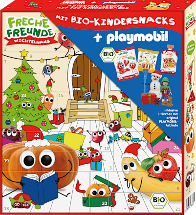 Adventkalender Wichtelhaus mit Bio-Kindersnacks + Playmobil Freche Freunde