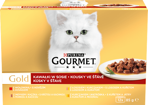 Gold konzervy pro kočky hovězí, krůta a kachna, losos a kuře, kuře a játra ve šťávě 12x85g PURINA GOURMET