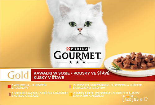 Gold konzervy pro kočky hovězí, krůta a kachna, losos a kuře, kuře a játra ve šťávě 12x85g PURINA GOURMET