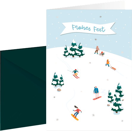 Grußkarte Weihnachten Wimmelbild Schneepiste CACTUS