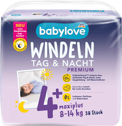 Windeln Premium Tag & Nacht Gr. 4+ (8-14 kg) babylove