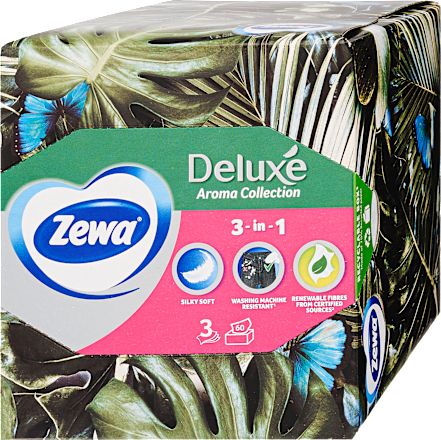 Papír zsebkendő dobozos Deluxe, Aroma Collection, 3 rétegű, többféle ZEWA