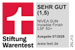 Grafik: Stiftung Warentest SEHR GUT (1,5) NIVEA SUN Invisible Finish LSF 50+ Ausgabe 07/2025 www.test.de 25LJ13
