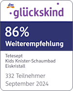 Grafik: Glückskind 86% Weiterempfehlung Tetesept Kids Knister-Schaumbad Eiskristall 332 Teilnehmer September 2024
