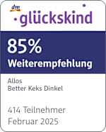 Grafik: Glückskind 85% Weiterempfehlung Allos Better Keks Dinkel 414 Teilnehmer Februar 2025 
