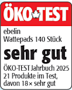 Grafik Ökotest ebelin Wattepads 140 Stück sehr gut Öko-TEST Jahrbuch 2025 21 Proukte im Test, davon 18 x sehr gut