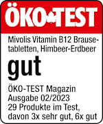 Grafik: Öko Test Mivolis Vitamin B12 Brausetabletten, Himbeer-Erdbeer gut Öko-TEST Magazin 02/2023 29 Produkte im Test, davon 3x sehr gut, 6x gut