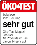 Grafik: Öko Test babylove 2in1 Beißring sehr gut Öko-TEST Magazin 08/2024 18 Produkte im Test davon 14 sehr gut