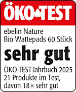 Grafik: Öko Test ebelin Nature Bio Wattepads 60 Stück sehr gut ÖKO-TEST Jahrbuch 2025 21 Produkte im Test, davon 18x sehr gut 

