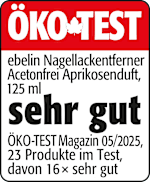 Grafik: Öko Test ebelin Nagellackentferner Acetonfrei Aprikosenduft, 125ml sehr gut ÖKO-TEST Magazin 05/2025, 23 Produkte im Test, davon 16 x sehr gut 