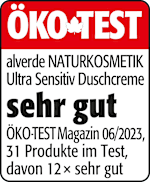 Grafik: Öko Test alverde NATURKOSMETIK Ultra Sensitiv Duschcreme sehr gut Öko-TEST Magazin Ausgabe 06/2023 31 Produkte im Test, davon 12x sehr gut