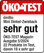 Grafik: Öko Test dmBio Mini Dinkel-Zwieback sehr gut ÖKO-TEST Magazin Ausgabe 5/2024 22 Produkte im Test, davon 18 x sehr gut 