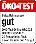 Grafik: Öko Test Balea Reinigungsöl gut Öko-Test-Online 03/2024 Oekotest.de/14475 20 Produkte im Test, davon 9x sehr gut, 10x gut