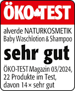 Grafik: Öko Test alverde NATURKOSMETIK Baby Waschlotion & Shampoo sehr gut ÖKO-TEST Magazin 03/2024, 22 Produkte im Test, davon 14 x sehr gut 