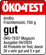 Grafik: Öko Test dmBio Früchtemüsli, 750g gut Öko-TEST Magazin Ausgabe 04/2025 40 Produkte im Test, davon 20x sehr gut und 5x gut