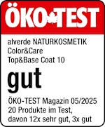 Grafik: Öko Test alverde Color&Care Top&Coat 10 gut Öko-TEST Magazin Ausgabe 05/2025 20 Produkte im Test, davon 12x sehr gut, 3x gut