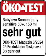 Grafik: Öko Test Babylove Sonnenspray sensitive 50+, 150ml sehr gut ÖKO-TEST Magazin 6/2024 25 Produkte im Test, davon 8 x sehr gut 