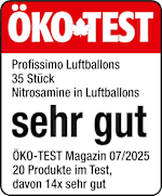 Grafik: Öko Test Profissimo Luftballons 35 Stück Nitrosamine in Luftballons sehr gut ÖKO-TEST Magazin 07/2025 20 Produkte im Test, davon 14x sehr gut
