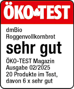 Grafik: Öko Test dmBio Roggenvollkornbrot sehr gut Öko-TEST Magazin Ausgabe 02/2025 20 Produkte im Test, davon 6x sehr gut
