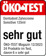 Grafik: Öko Test Dontodent Zahncreme Sensitive 125ml sehr gut ÖKO-TEST Magazin 12/2023 24 Produkte im Test, davon 6 x sehr gut 