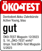 Grafik: Öko Test Dontodent Akku-Zahnbürste Active Jung, blau gut Öko-TEST Magazin Ausgabe 12/2023 S.14 "ÖKO-TEST wirkt" Urspr. Test Öko-Test Magazin 5/2023