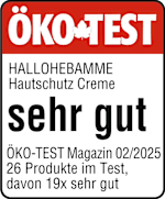 Grafik: Öko Test HALLOHEBAMME Hautschutz Creme sehr gut ÖKO-TEST Magazin 02/2025 26 Produkte im Test, davon 19x sehr gut