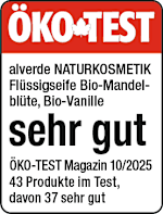 Grafik: Öko Test alverde NATURKOSMETIK Flüssigseife Bio-Mandelblüte, Bio-Vanille sehr gut ÖKO-TEST Magazin 10/2025 43 Produkte im Test, davon 37 sehr gut 
