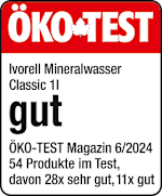 Grafik: Öko Test Ivorell Mineralwasser Classic 1l gut ÖKO-TEST Magazin 6/2024 54 Produkte im Test, davon 28x sehr gut. 11x gut