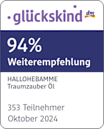 Grafik: glückskind dm 94% Weiterempfehlung HALLOHEBAMME Traumzauber Öl 353 Teilnehmer Oktober 2024