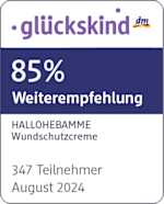 Grafik: glückskind dm 85% Weiterempfehlung HALLOHEBAMME Wundschutzcreme 347 Teilnehmer August 2024