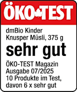 Grafik: Öko Test dmBio Kinder Knusper Müsli, 375 g sehr gut ÖKO-TEST Magazin Ausgabe 07/2025 10 Produkte im Test, davon 6 x sehr gut 
