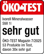 Grafik: Öko Test Ivorell Mineralwasser Still 1l sehr gut ÖKO-TEST Magazin 7/2025 53 Produkte im Test, davon 30x sehr gut 
