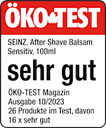 Grafik: Öko Test SEINZ. After Shave Balsam Sensitiv, 100ml sehr gut ÖKO-TEST Magazin Ausgabe 10/2023 26 Produkte im Test, davon 16x sehr gut 
