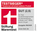TESTSIEGER* *Zusammen mit einem weiteren Produkt GUT (2,5) Im Test: 15 Antitranspirantien (10 Aerosolsprays, 4 Roller und 1 Stift), davon 2x gut Ausgabe 06/2025 www.test.de Stiftung Warentest 25XS54