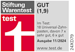 Grafik: Stiftung Warentest Test Gut (1,9) Im Test: 18 Universal-Zahnpasten, davon 7 x sehr gut, 6 x gut Ausgabe 11/2024 www.test.de 24XD79