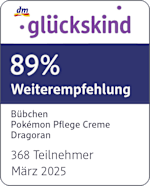 Grafik: Glückskind 89% Weiterempfehlung Bübchen Pokémon Pflege Creme Dragoran 368 Teilnehmer März 2025
