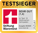 Grafik: Testsieger zusammen mit drei weiteren Produkten Stiftung Warentest SEHR GUT (1,4) Im Test: 18 Weißmacher-Zahnpasten Ausgabe 09/2025 www.test.de 25ZU61
