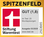 Grafik: Spitzenfeld Stiftung Warentest GUT (1,8) Im Test: 20 Mundspülungen Ausgabe 03/2025 www.test.de 25DB85 
