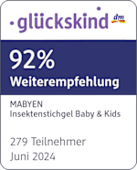 Grafik: Glückskind 92% Weiterempfehlung MABYEN Insektenstichgel Baby & Kids 279 Teilnehmer Juni 2024
