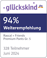 Grafik: Glückskind 94% Weiterempfehlung Rascal + Friends Premium Pants Gr. 5 328 Teilnehmer Juni 2024