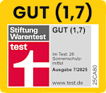 Grafik: gut (1,7) Stiftung Warentest test gut (1,7) Im Test: 26 Sonnenschutzmittel Ausgabe 7/2025 www.test.de Lizenznummer 25CA80