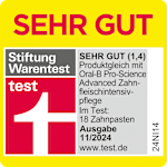 Grafik: SEHR GUT Stiftung Warentest SEHR GUT (1,4) Produktgleich mit Oral-B Pro-Science Advanced Zahnfleischintensiv-pflege Im Test: 18 Zahnpasten Ausgabe 11/2024 www.test.de 24NI14