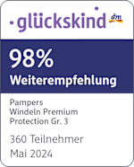 Grafik: Glückskind 98% Weiterempfehlung Pampers Windeln Premium Protection Gr. 3 360 Teilnehmer Mai 2024
