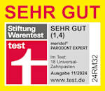Grafik: SEHR GUT Stiftung Warentest test Sehr gut (1,4) meridol PARODONT EXPERT Im Test: 18 Universal-Zahnpasten Ausgabe 11/2024 www.test.de 24RM32