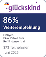 Grafik: Glückskind 86% Weiterempfehlung Mabyen PAW Patrol Kids Refill Konzentrat 373 Teilnehmer Juni 2025 