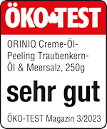 Grafik: Öko Test ORINIQ Creme-Öl-Peeling Traubenkern-Öl & Meersalz, 250g sehr gut ÖKO-TEST Magazin 3/2023