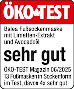 Grafik: Öko Test Balea Fußsockenmaske mit Limetten-Extrakt und Avocadoöl sehr gut ÖKO-TEST Magazin 06/2025 13 Fußmasken in Sockenform im Test, davon 4 x sehr gut 