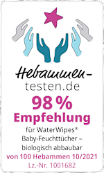 Grafik: Hebammen-testen.de 98% Empfehlung für WaterWipes Baby-Feuchttücher - biologisch abbaubar von 100 Hebammen 10/2021 Lz.Nr. 1001682