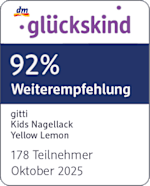 Grafik: glückskind 92 % Weiterempfehlung gitti Kids Nagellack Yellow Lemon 178 Teilnehmer Oktober 2025