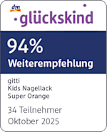 Grafik: glückskind 94 % Weiterempfehlung gitti Kids Nagellack Super Orange 34 Teilnehmer Oktober 2025